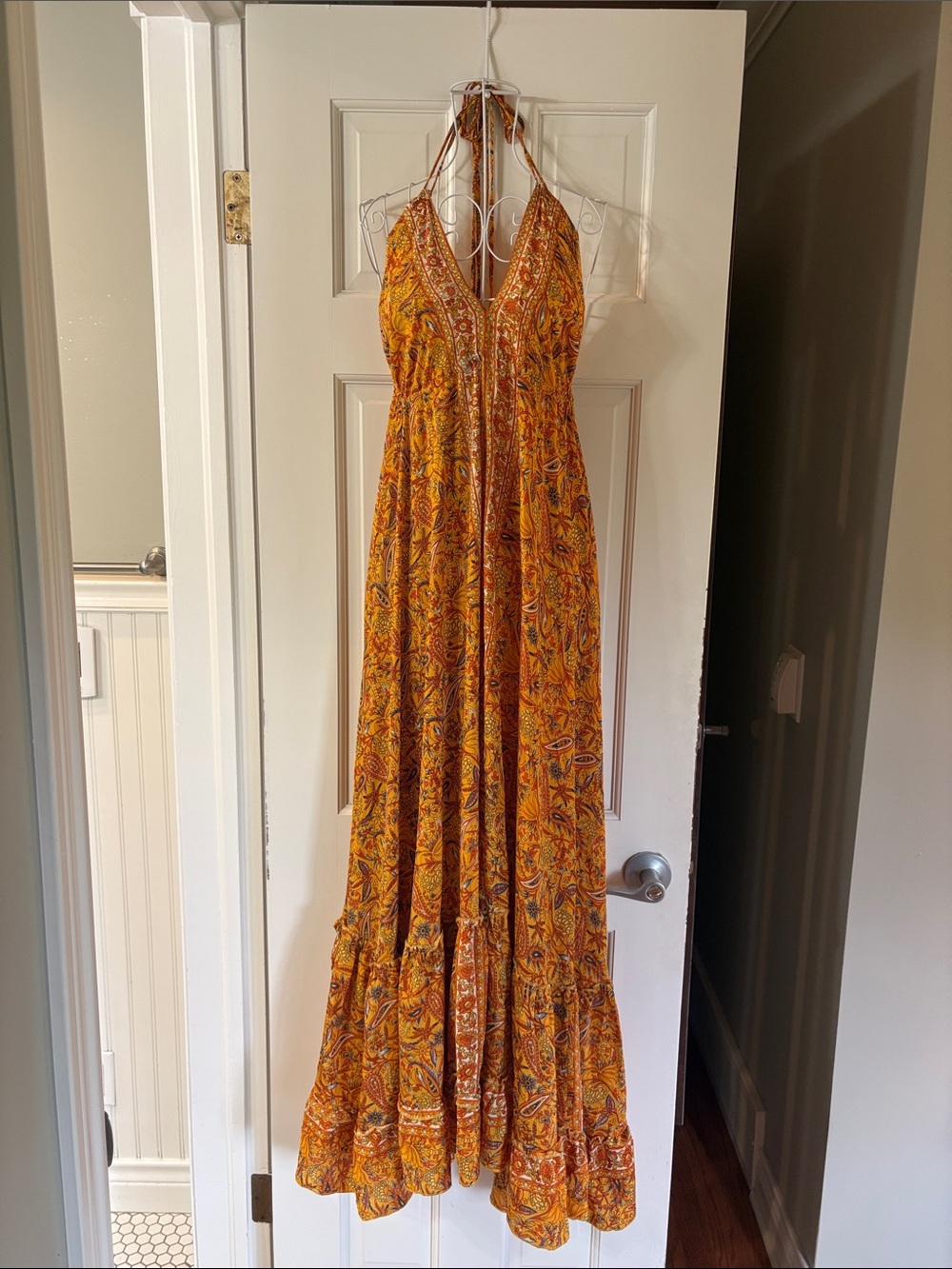 Bohemian Halter Maxi Dress in Mustard Paisley